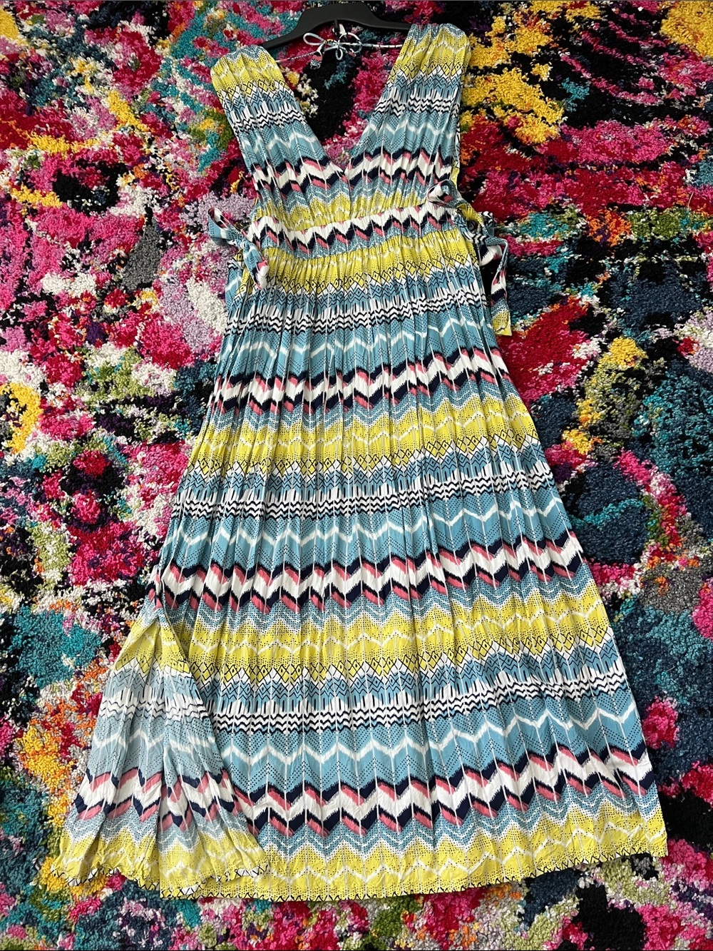 Sleeveless Chevron Print Swimsuit Cover Up Maxi Dress in Teal, Yellow & Pink